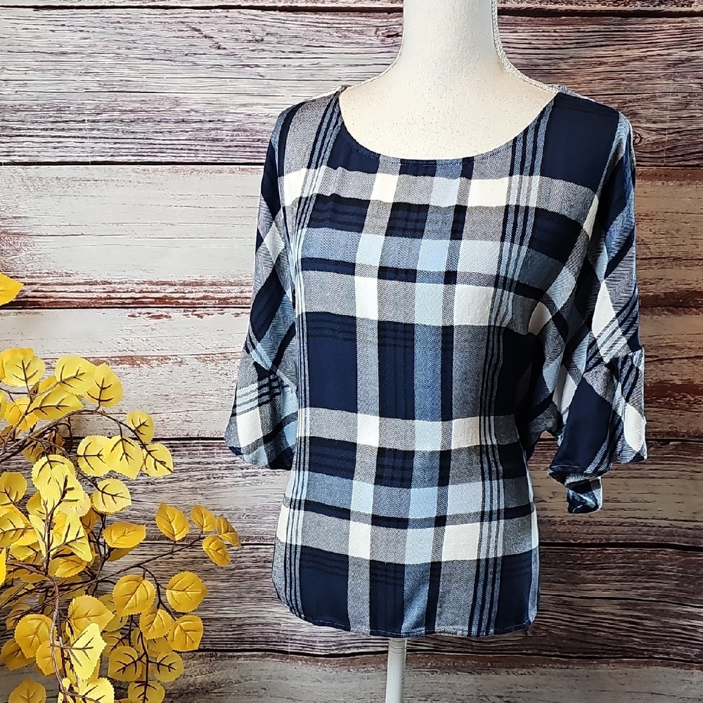 TWO BY VINCE CAMUTO OVERSIZED BLUE PLAID SHORT BELL SLEEVE PULLOVER TOP TUNIC